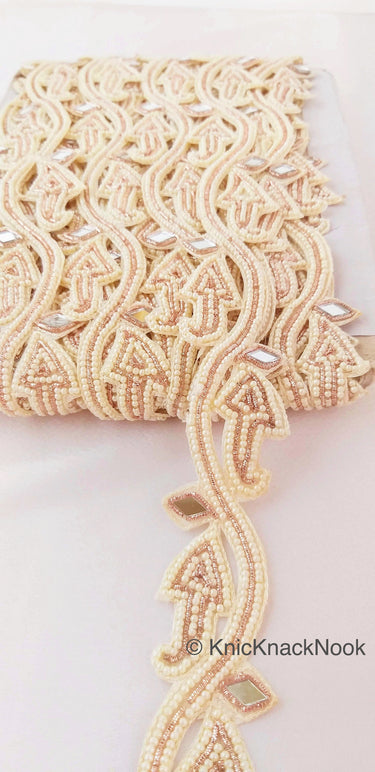 Handmade Cutwork Trim, Ivory Beaded Mirrored Trimming, Approx. 40mm Wide